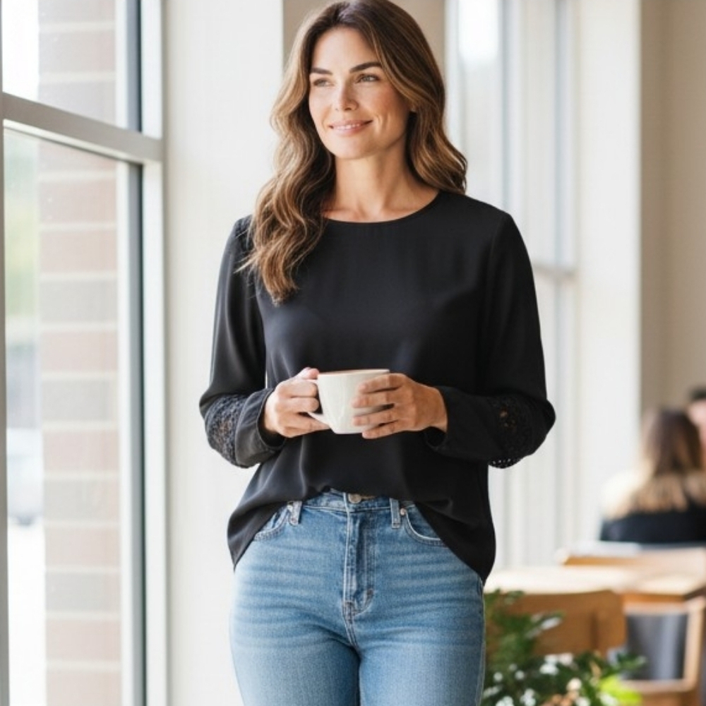 Catherine Malandrino Elegant Black Chiffon Lace Blouse
